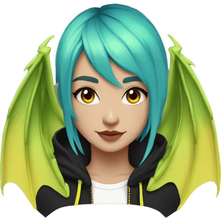 Lady with brunette and iridescent blue hair, gold, lime green dragon wings, black hoodie, bleach dyed, black and gold Nike t shirt, and bright red eyes emoji