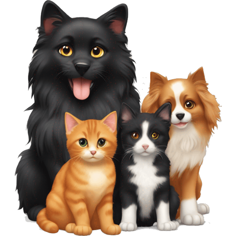 Black cat and long hair orange cat and Australian shepherd puppy emoji