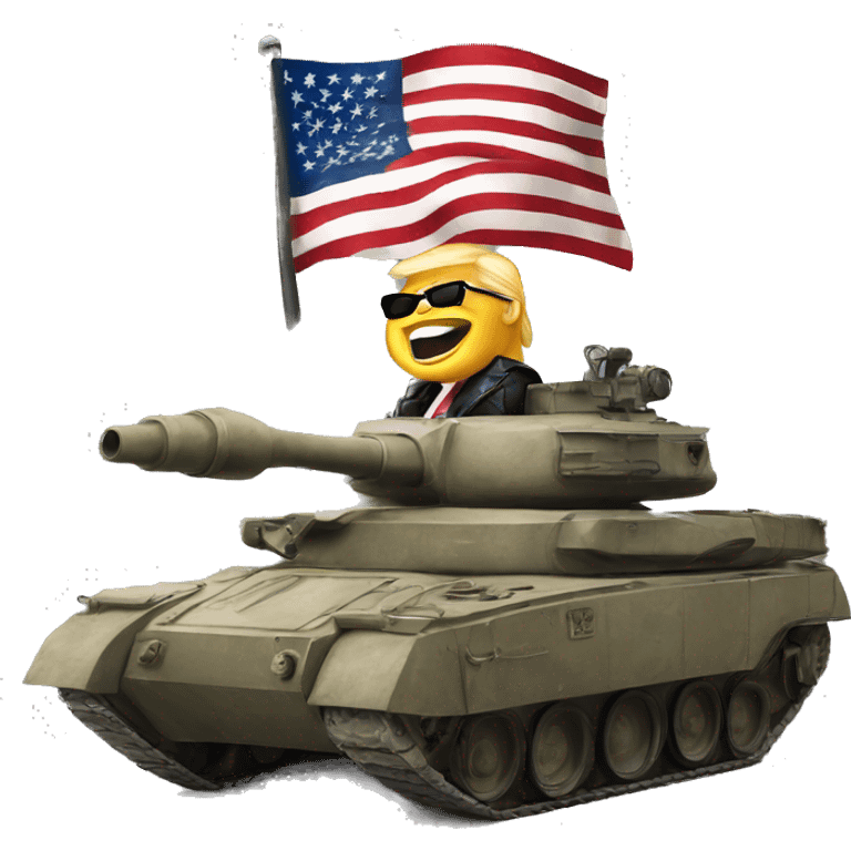 Donald trump with shades holding an American flag on top of a tank emoji