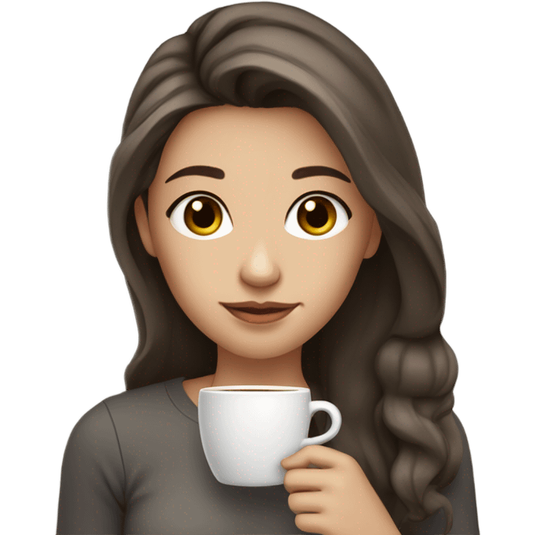 Girl with brown hair with dark gray highlights, fair skin, long, soft, beautiful hair, soft lips, brown eyes, drinking coffee emoji