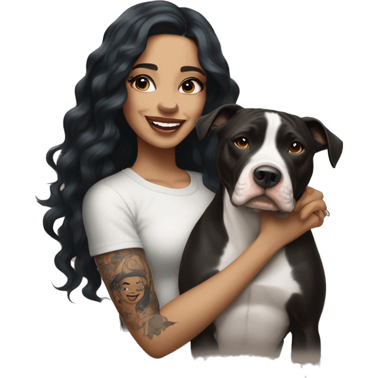 light skin woman with a tattoo of a small cross near her eye and long wavy black hair expressing joy alongide a white and brown pitbull emoji