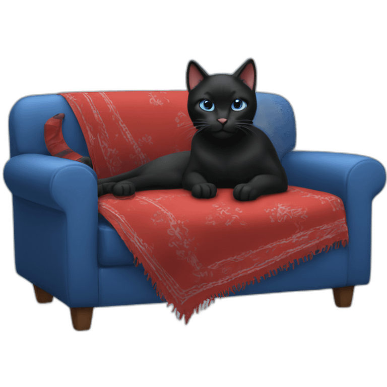 A black cat with a red bandana clawing at a blue sofa emoji