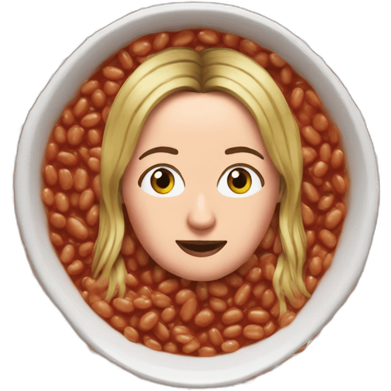 Victoria Coren-Mitchell in a bath of baked beans emoji