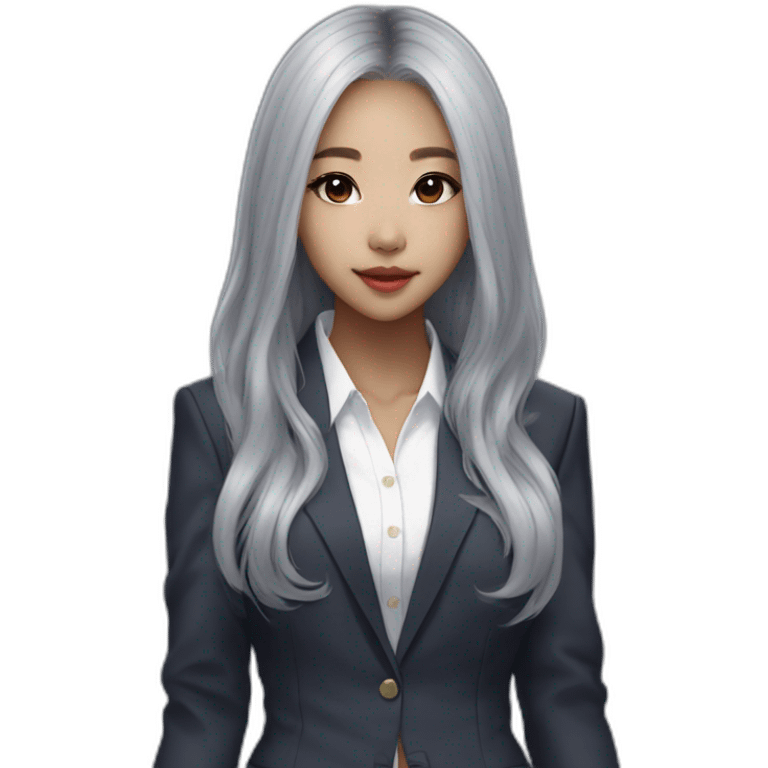 blasian girl, long grey hair, kpop idol, standing, pretty girl, very hot girl, korean american, all her body, standing posture straight, suit  emoji