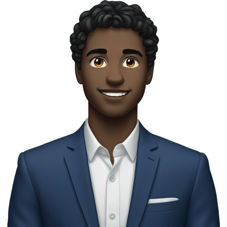 26 year old male portrait, small yes, black wavy hair, blue suits, class, white skin emoji