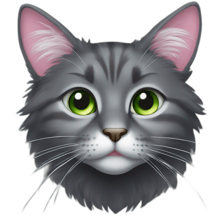 fluffy dark grey cat with pink-grey nose, green eyes and white long whiskers, near the nose there are white spots emoji