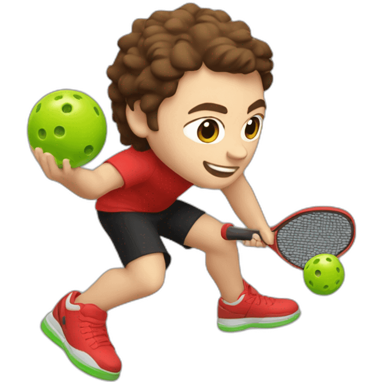 Young guy with brown hair playing pickleball full body red shirt black shorts solid black paddle emoji