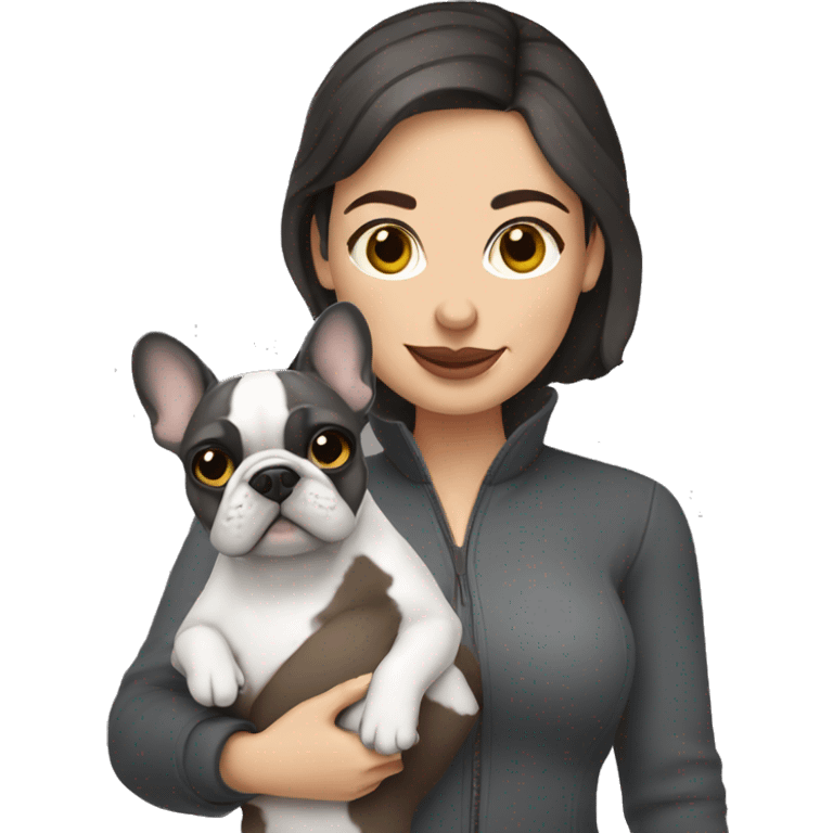 Brunette Woman holding grey French bulldog emoji