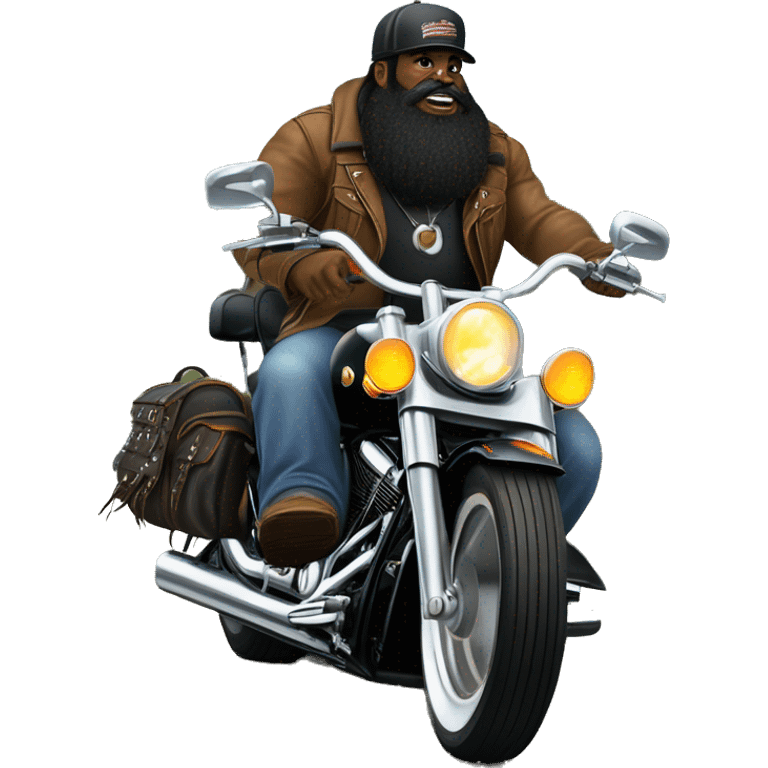 Black heritage softail with front jammer and leather saddle bags and lots of chrome and ape hangers and a long bearded guy with ball cap riding it on a country road emoji