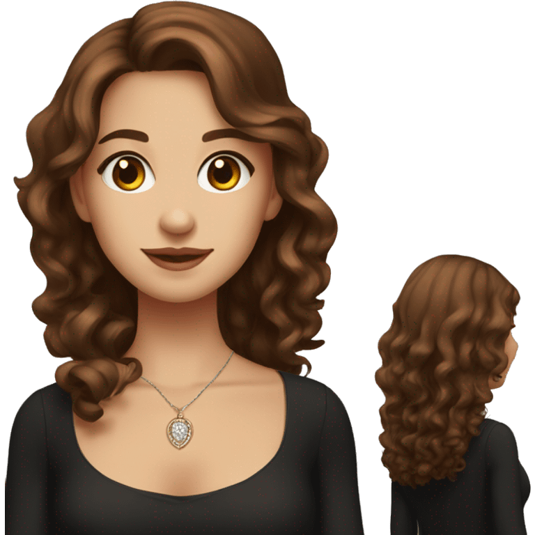 charming girl in black dress with brown wavy hair and brown eyes wearing necklace emoji