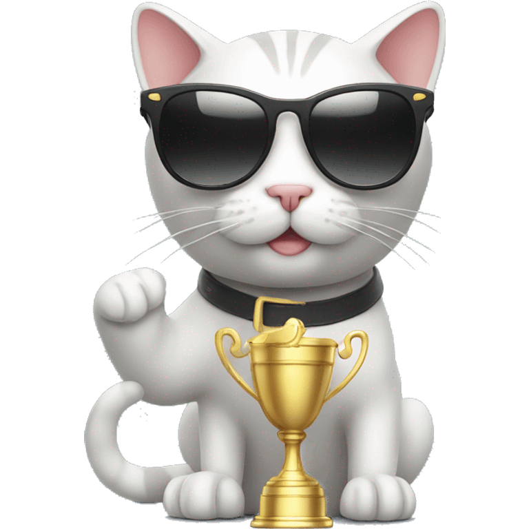 cat wearing sunglasses holding up a number ten trophy emoji