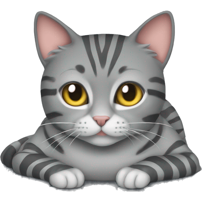 A striped grey cat is lying on the keyboard of the computer emoji