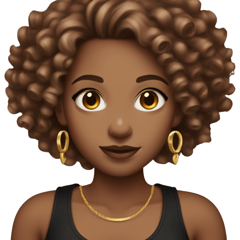 Female with curly cherry chocolate hair, burgundy eyes and light skin. She wears eyeliner and mascara, a black tank top and gold jewelry emoji