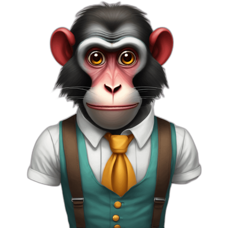 Funny Portrait of a Mandrill with a human look wears a shirt and Suspenders in the shirt papillon like a clown emoji