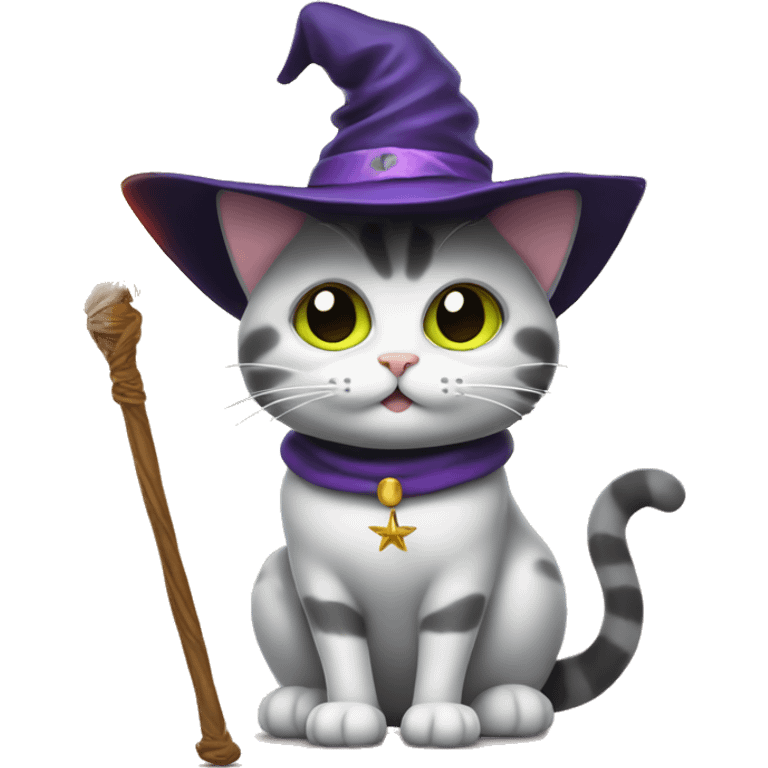 Cat with witch hat and wand granting a wish emoji