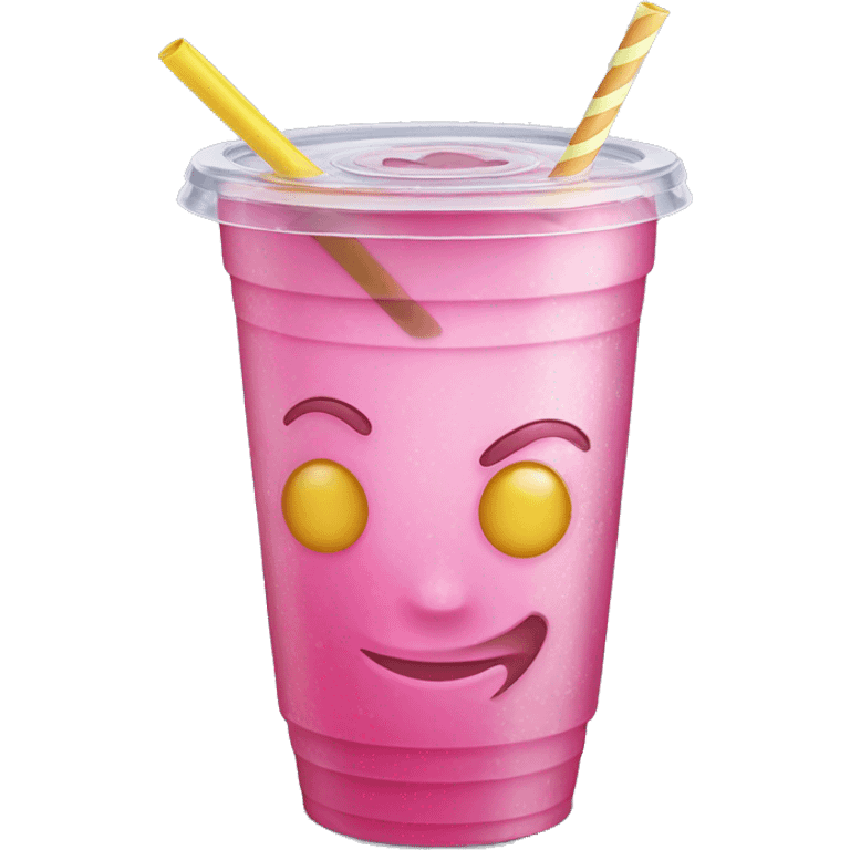 Realistic plastic cup and lid with pink soda and large ice cubes inside and straw through the top of the lid. emoji