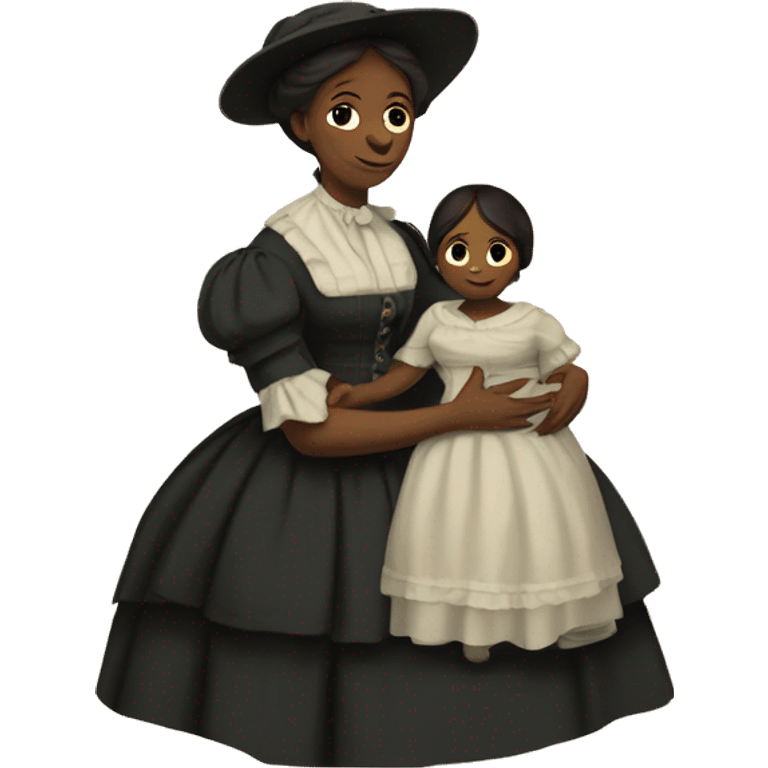 A 19th century woman with a child in her arms. There is a big letter "A" on the dress emoji