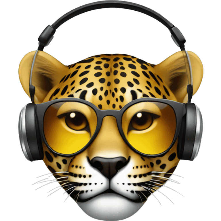 sexy jaguar dj, emoji head, looking forward, wearing dark sunglasses, wearing over-ear headphones on top of head emoji