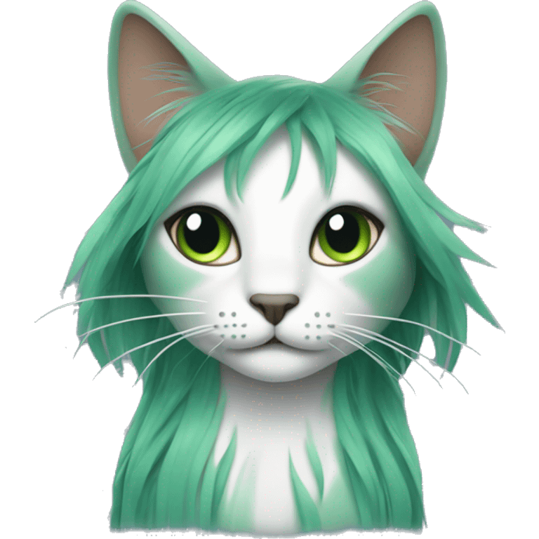 A cat with long black hair with green hair strands emoji