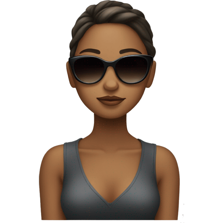 girl with charisma, aura, sunglasses, popular, siting down, leaning back, calm, cool emoji