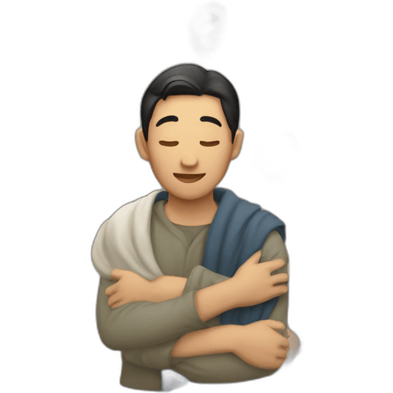 Asian male Berkeley student hugging jesus christ emoji