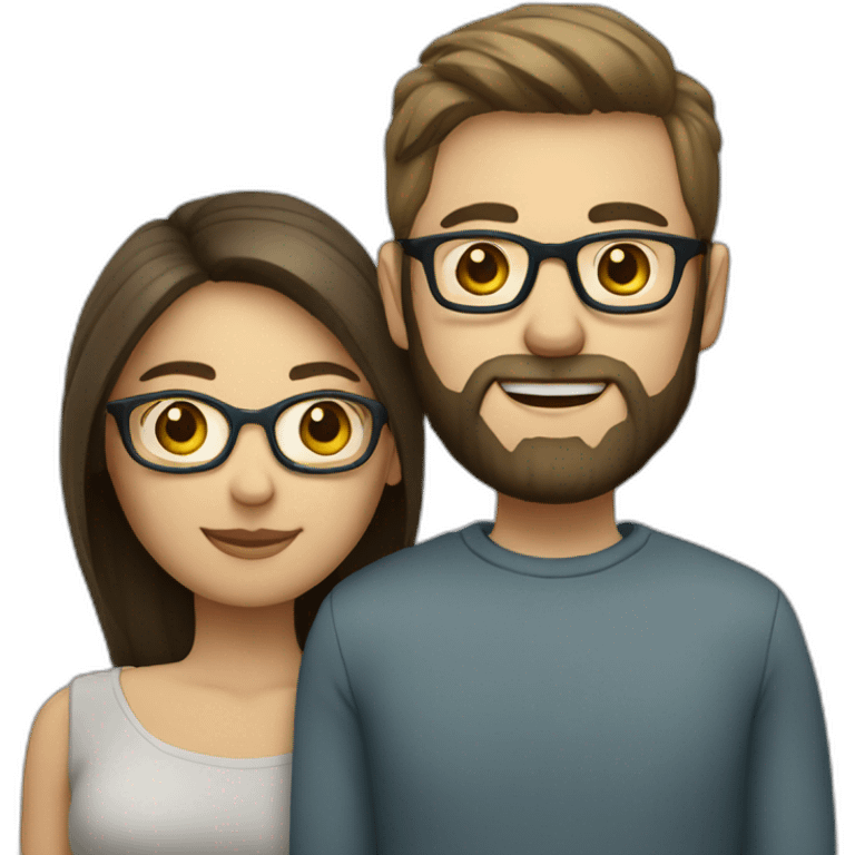 Couple in love. She has dark hair, blue eyes and wears glasses. He has short blond hair, three day beard and wears glasses emoji