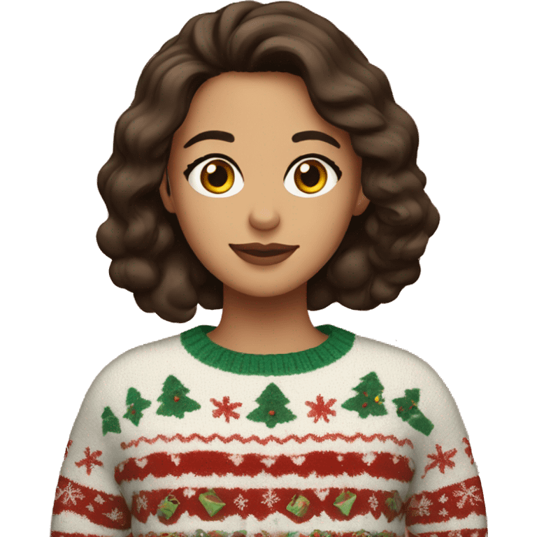 brunette with big brown eyes in a christmas sweater emoji