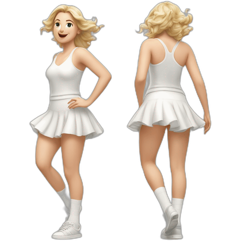 hyperrealistic-full-body-caucasian-curvy-beauty-jumping-small white-skirt-back-and-front-views-strong-wind-knickers white socks emoji