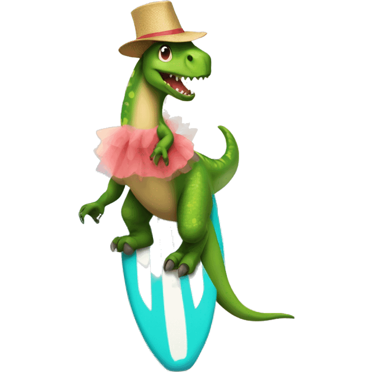 Dinosaur with tutu on a surfboard emoji