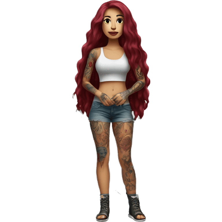 Beautiful tattooed burgundy long haired woman standing next to a car emoji