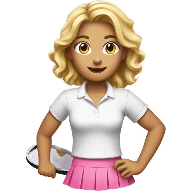 Blonde girl wearing white shirt and pink skirt holding a tennis racquet  emoji