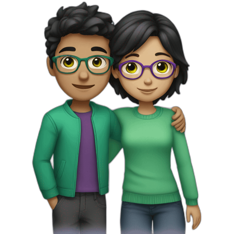 boy and girl hugging each other. the boy, has black wavy hair and wearing glasses, has green eyes. the girl, has medium-short straight hair dyed in purple, with brown eyes. emoji