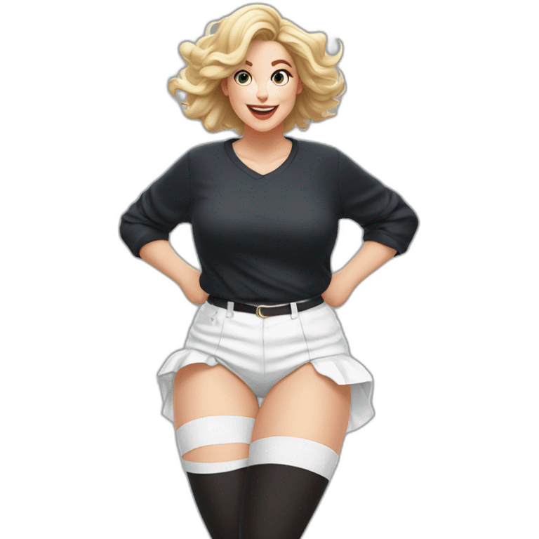 full body caucasian curvy beauty jumping short black skirt back and front views strong wind white knickers long white socks emoji