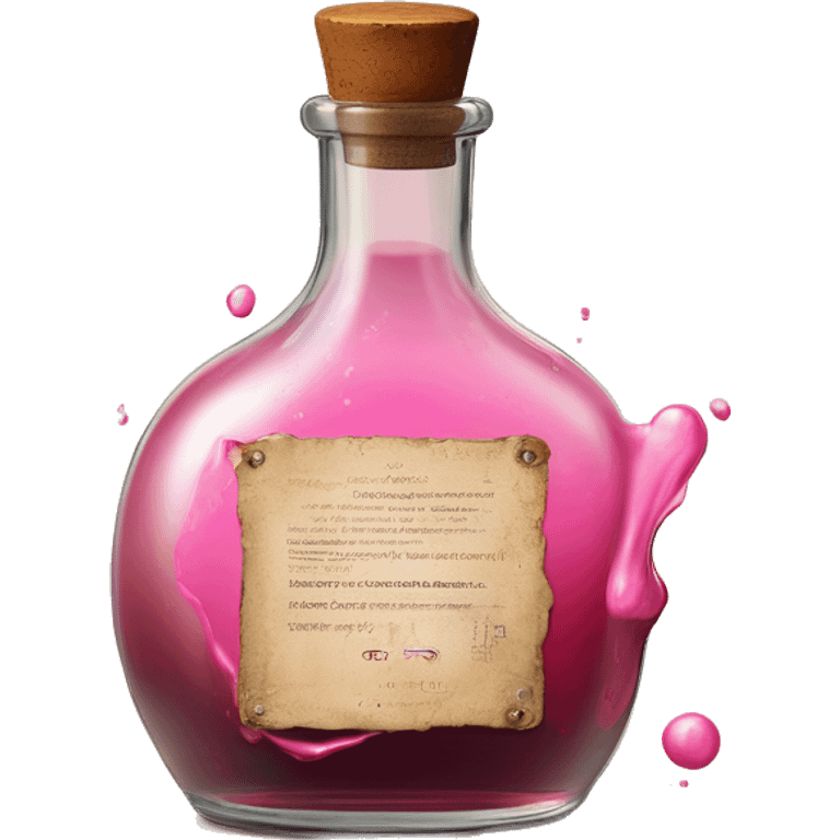 Mysterious Alchemical vintage glass potion bottle, exquisite bottle shape, old and shabby, with label, stylish and minimalistic, brown and pink, oil potion is poured out of the bottle, oil is spilled next to it emoji