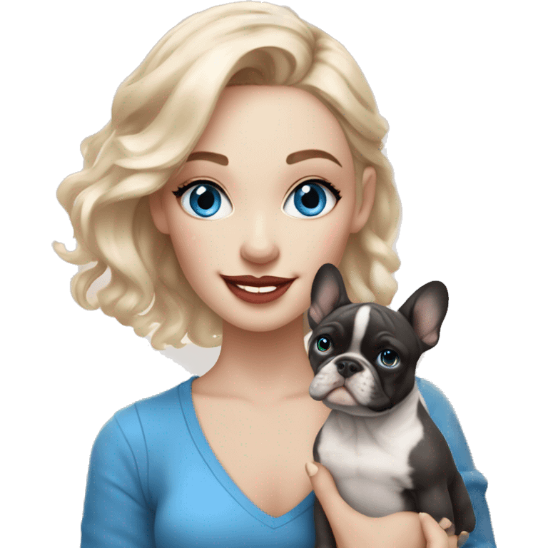 light-skinned and fair-haired blue eyes dancer with a French bulldog merle puppy emoji