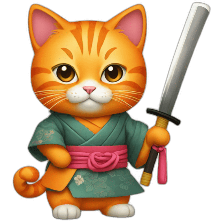 orange cat in japanese clothes with katana emoji