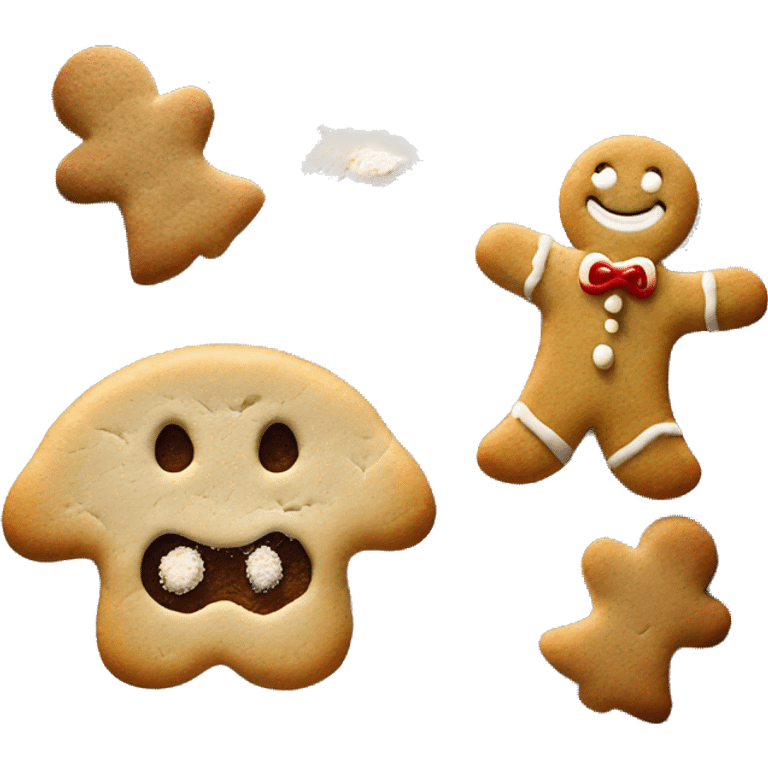 Realistic cookie dough rolled out sprinkled with flour and gingerbread man cookie cutter pushed down into the dough  emoji