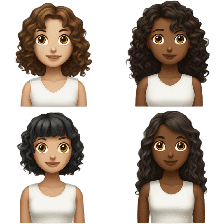 Two olive white girls one whiter and taller than the other both dark brown haired the taller one with long layered curly hair and bangs, the shorter with short wavy layered hair emoji