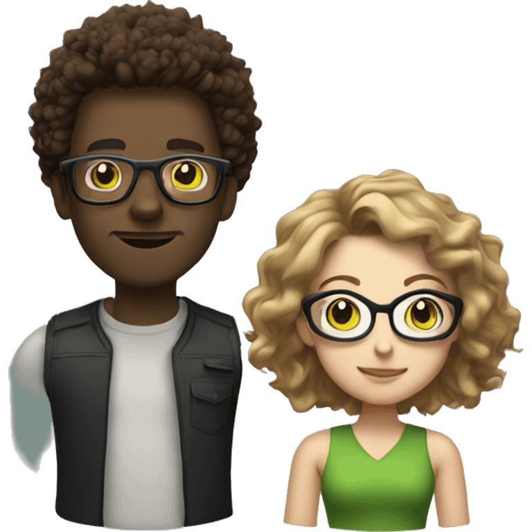 black male with spikey hair and glasses and white female with brown wavy hair , green eyes and glasses emoji