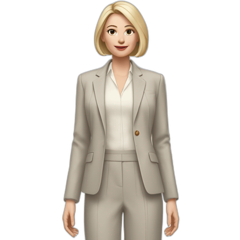 Full height Actively gesturing with hands pale skin woman with ash blonde Straightened bob Hair, White Spacious classical jacket, beige palazzo Arrow pants and gray blouse emoji