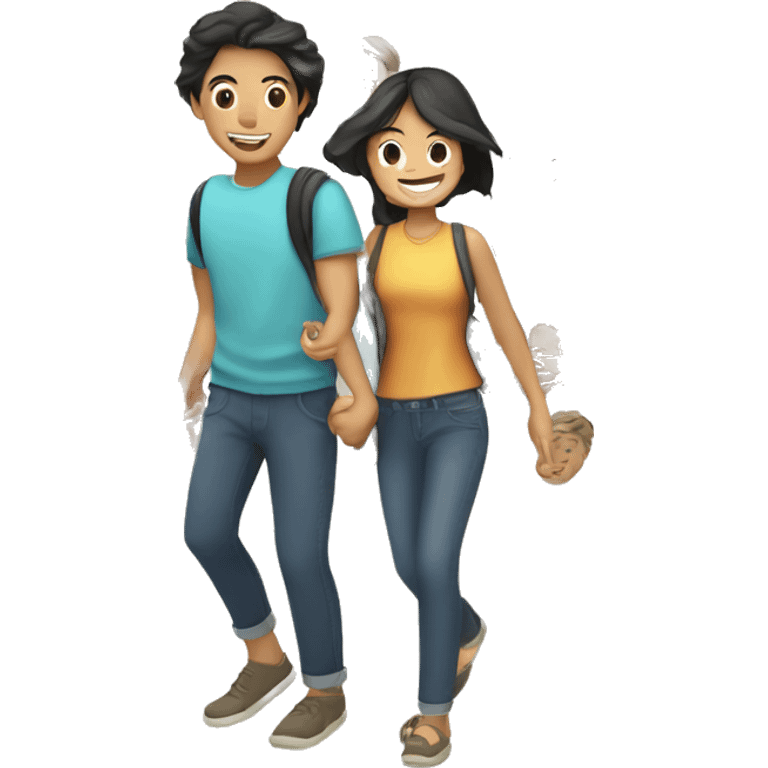 Cute Asian couple (girl with wavy long hair guy with short straight hair) excitedly traveling  emoji