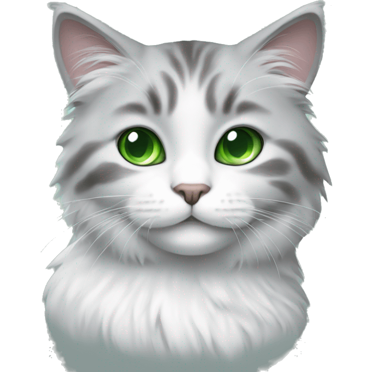 fluffy gray and white cat with green eyes emoji