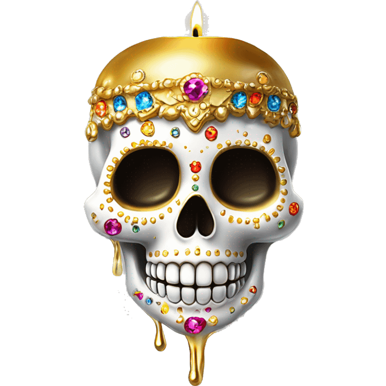 Realistic white sugar skull decorated with colorful rhinestones with a tall metallic gold candle on top of its head dripping down melted metallic gold wax down the skull emoji