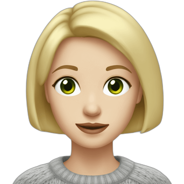 medium blonde girl with bob cut, green eyes, long face, pale skin, silver earrings wearing a grey sweater emoji