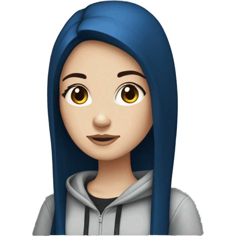 white girl with long straight dark blue hair wearing black hoodie emoji