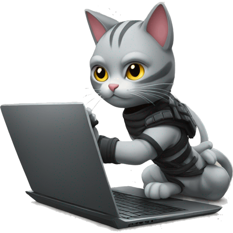 a ninja cat protecting a laptop computer emoji