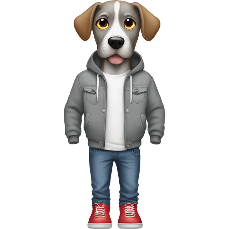 Dog,gray hoodie, jeans,hands in pockets, red shoes emoji