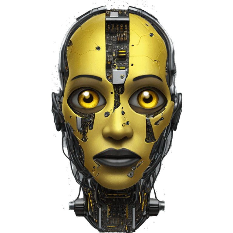 black and yellow cyborg head with circuitry, one artificial eyeball, and yellow goatee emoji