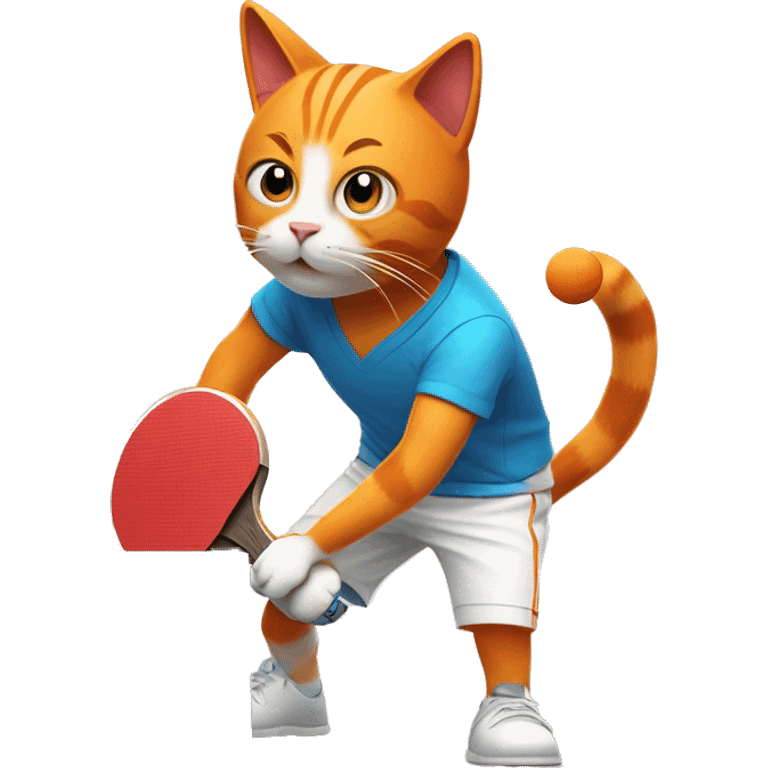 orange cat full body  playing table tennis with a racket and a ball at the table emoji