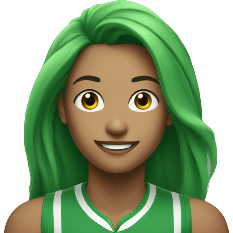 A woman in a green sports top with long green hair smiles broadly. Green eyes. Freckles emoji